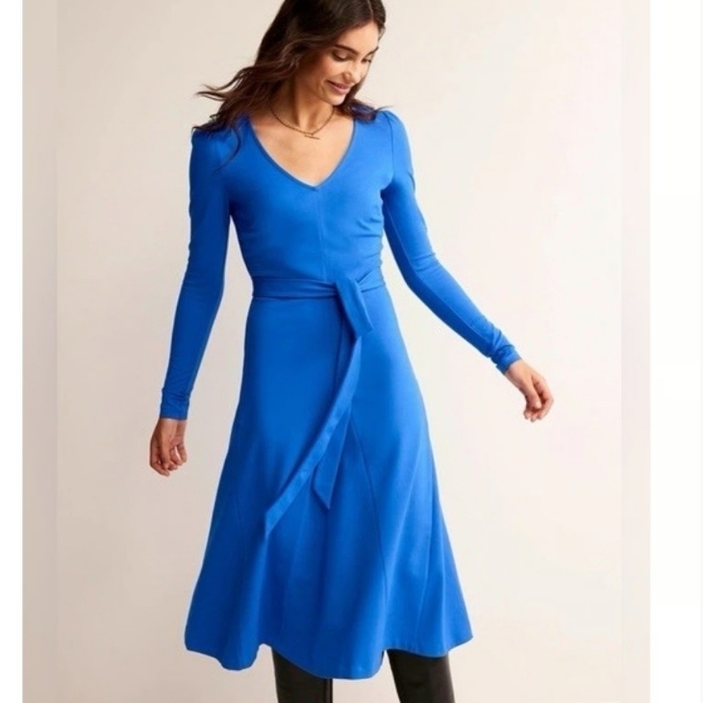 Boden Bella Ponte V-Neck Belted Midi Dress Size 4 In Blue